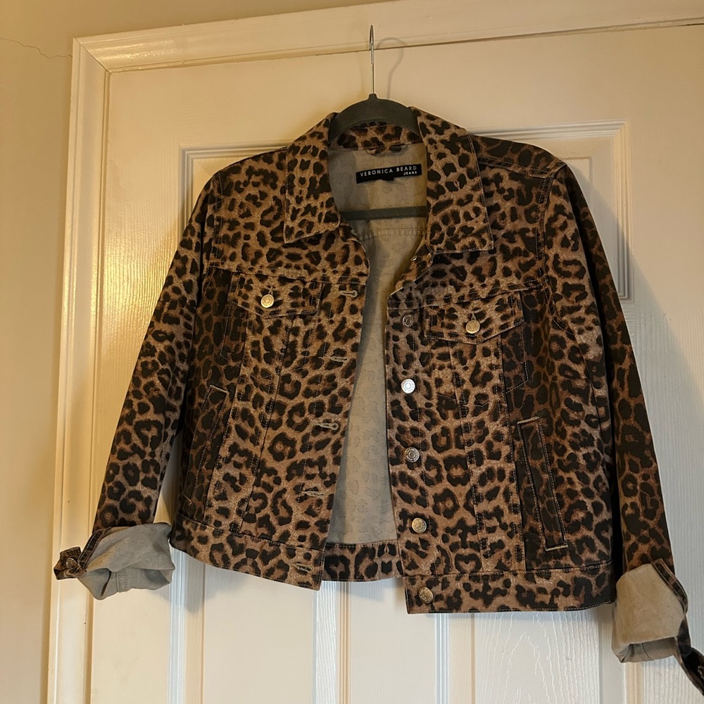 Veronica Beard Cara Cropped Leopard Print Denim Jacket, size L